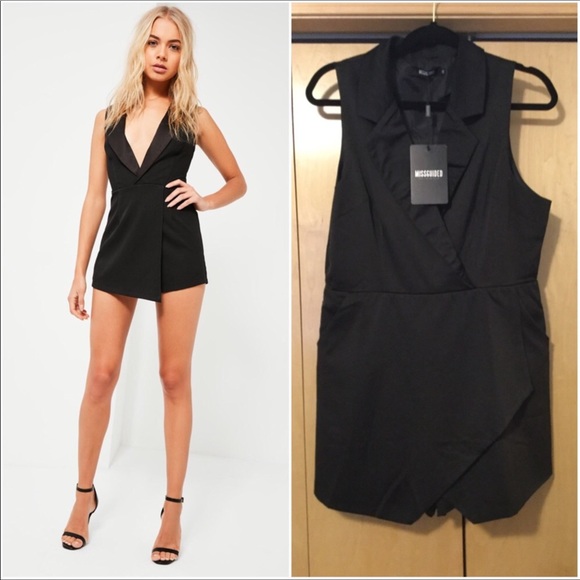 Missguided Pants - Black Rompers Satin Lapel Wrap Sleeveless Blazer